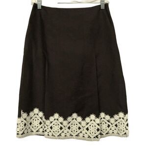 Ann Taylor Loft Lace Border Dark Brown Fully Lined Skirt Sz 2 Linen Blend